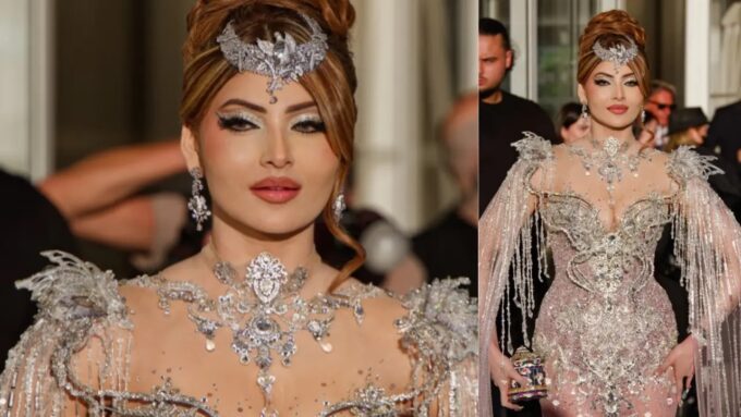 Urvashi Rautela in silver cape ensemble at Cannes 2026 red carpet