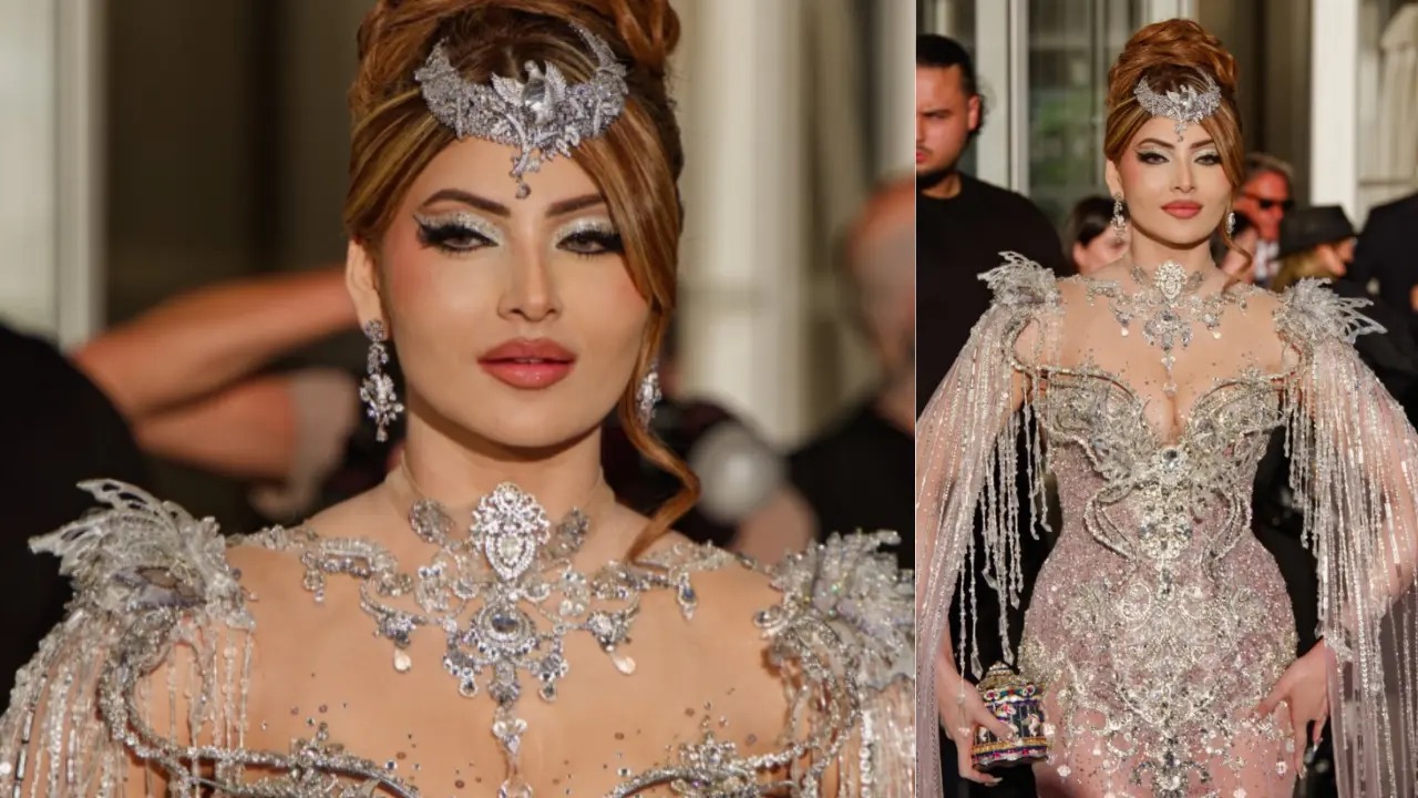Urvashi Rautela in silver cape ensemble at Cannes 2026 red carpet
