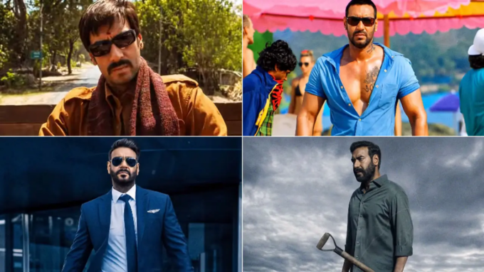 Ajay Devgn montage featuring iconic Bollywood films from his career