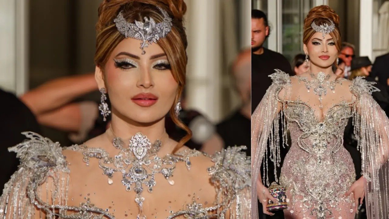 Urvashi Rautela in silver cape ensemble at Cannes 2026 red carpet