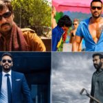 Ajay Devgn montage featuring iconic Bollywood films from his career