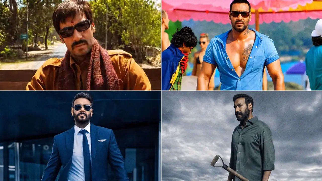 Ajay Devgn montage featuring iconic Bollywood films from his career