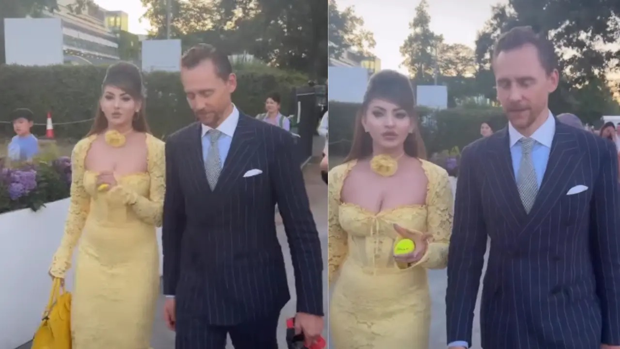 Urvashi Rautela meets Tom Hiddleston during the Wimbledon 2026 final