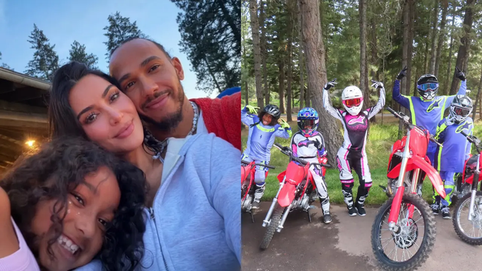 Lewis Hamilton reveals he gifted Kim Kardashian’s four children a dog named Halo and says he loves spending time with them.