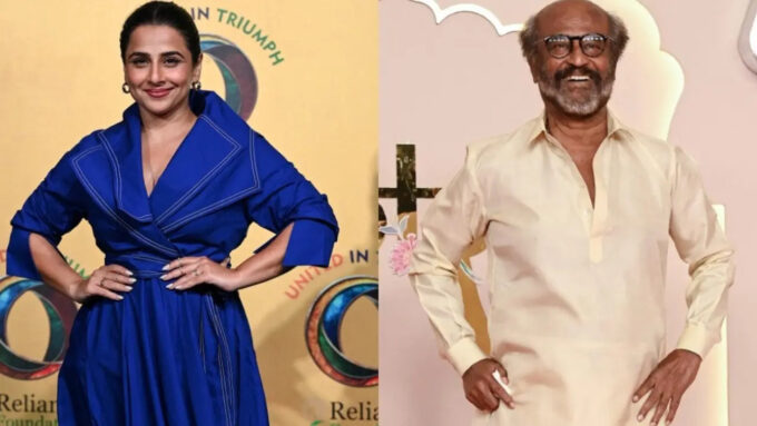 Vidya Balan and Rajinikanth in Jailer 2, marking the actor’s Tamil cinema debut after an earlier film collaboration fell through.